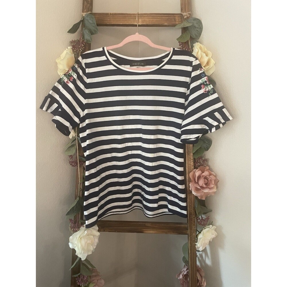 August Silk Striped Tee with Floral Embroidery Ruffled Sleeve